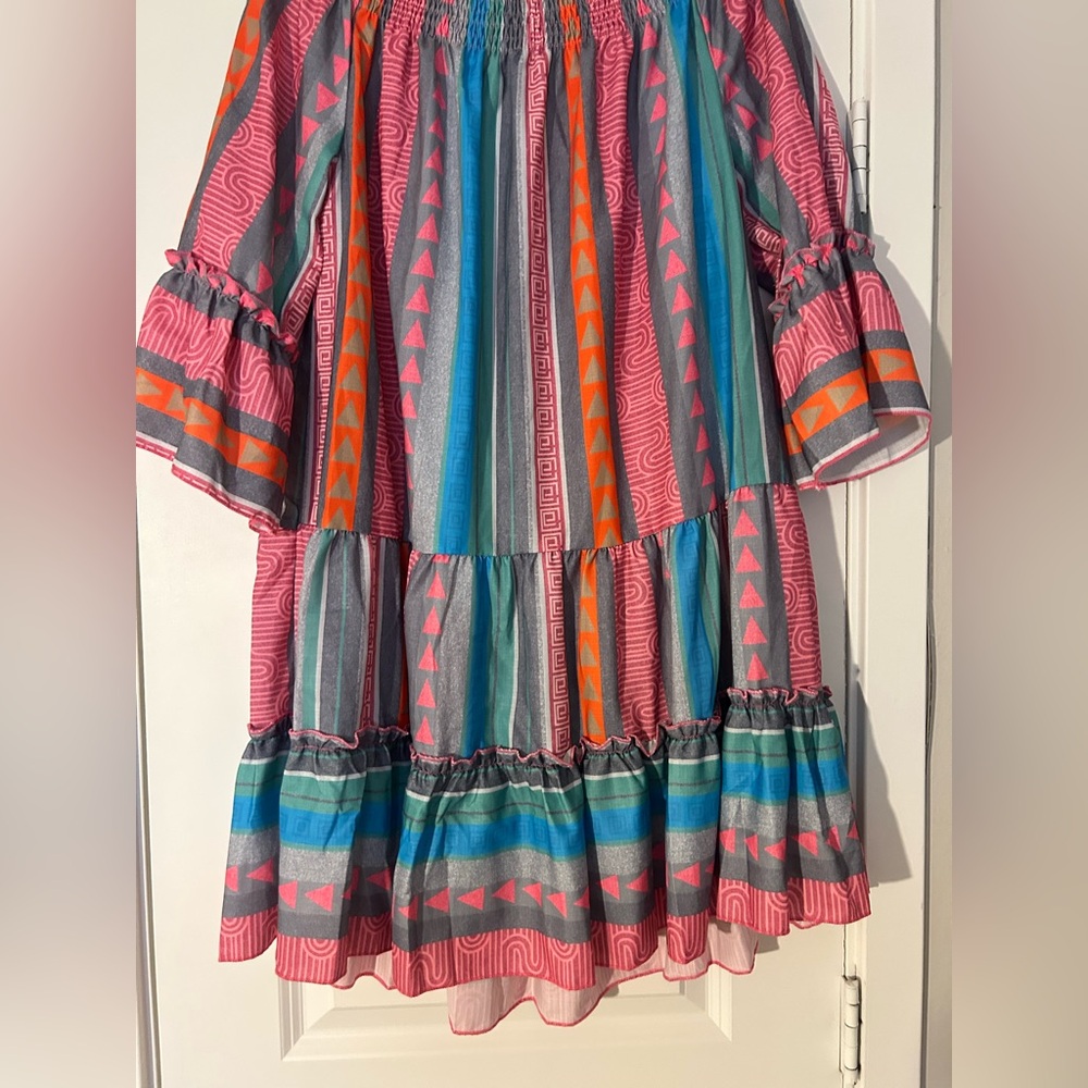 Multi-color, Off-the-shoulder, Tiered dress with a Ruffled Hem and Sleeves - Picture 7 of 9